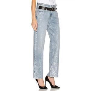 RTA Dexter Half Belt Jeans Blue Metallic Coated Medium Wash Straight Denim Sz L